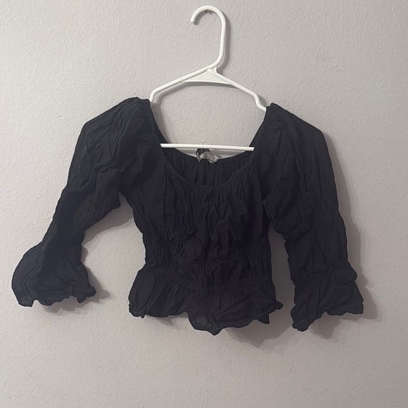 Wayf Black Puff Sleeve Blouse with Ruched Ruffles - Picture 2 of 4